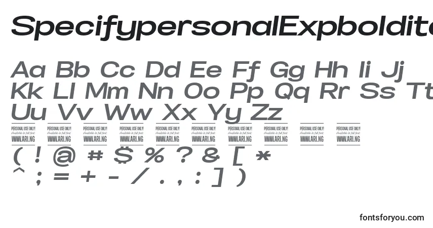 Czcionka SpecifypersonalExpbolditalic – alfabet, cyfry, specjalne znaki