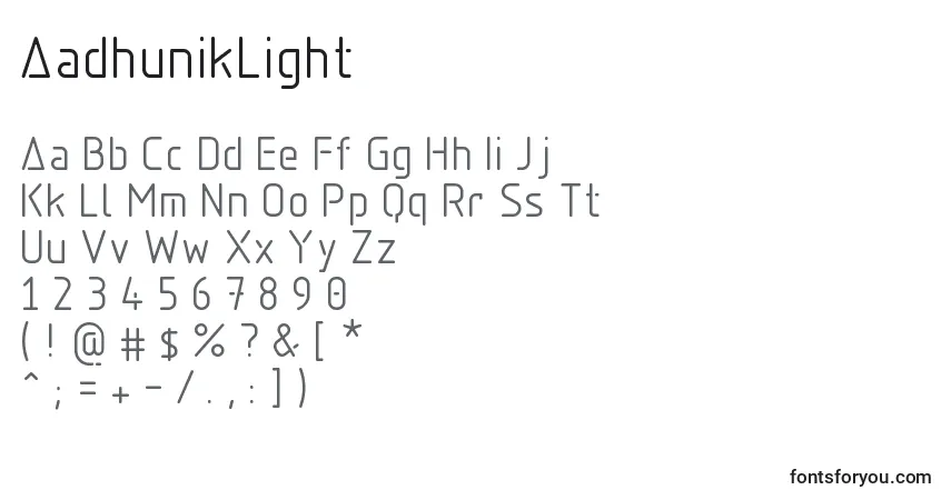 A fonte AadhunikLight – alfabeto, números, caracteres especiais
