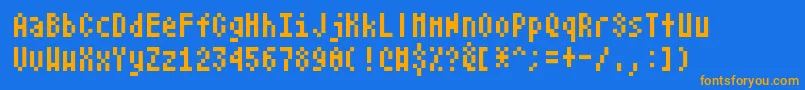 Atarismall-Schriftart – Orangefarbene Schriften auf blauem Hintergrund