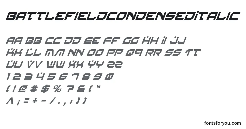 Schriftart BattlefieldCondensedItalic – Alphabet, Zahlen, spezielle Symbole