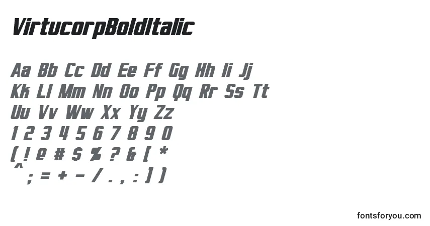 A fonte VirtucorpBoldItalic – alfabeto, números, caracteres especiais