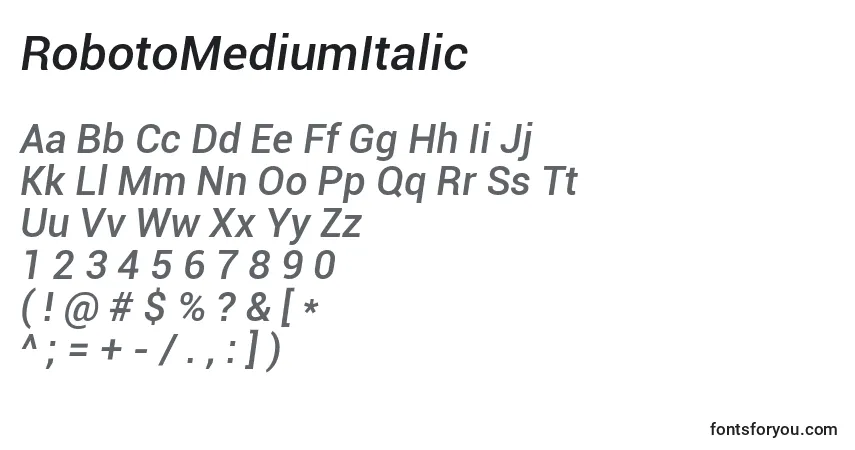 RobotoMediumItalic-fontti – aakkoset, numerot, erikoismerkit
