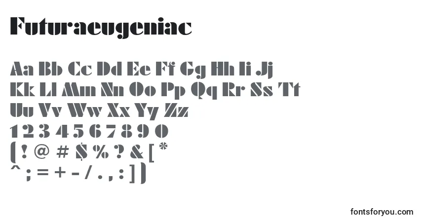 Schriftart Futuraeugeniac – Alphabet, Zahlen, spezielle Symbole