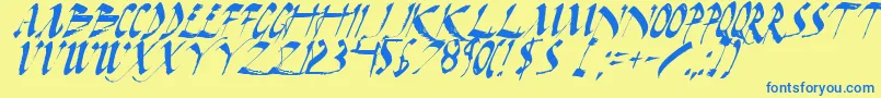 フォントDarkHorseItalic – 青い文字が黄色の背景にあります。