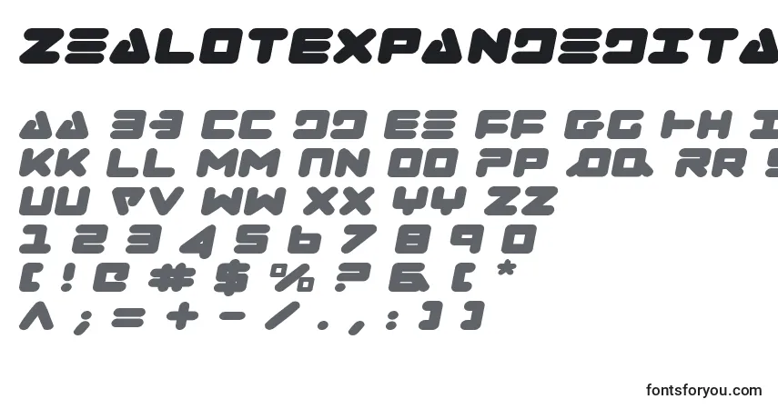 Schriftart ZealotExpandedItalic – Alphabet, Zahlen, spezielle Symbole