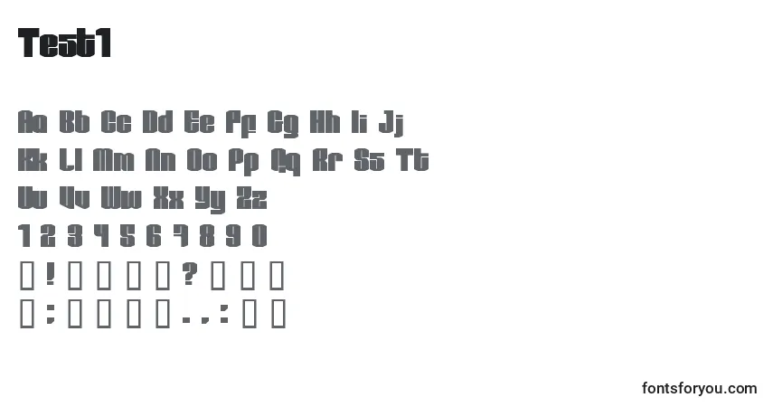 Czcionka Test1 – alfabet, cyfry, specjalne znaki