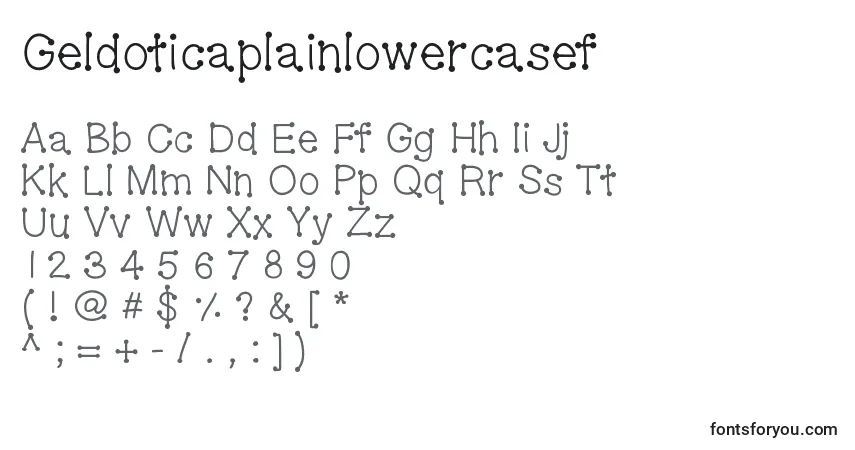A fonte Geldoticaplainlowercasef – alfabeto, números, caracteres especiais