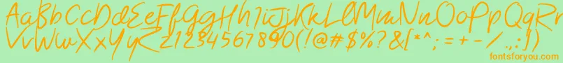 フォントMorsal – オレンジの文字が緑の背景にあります。