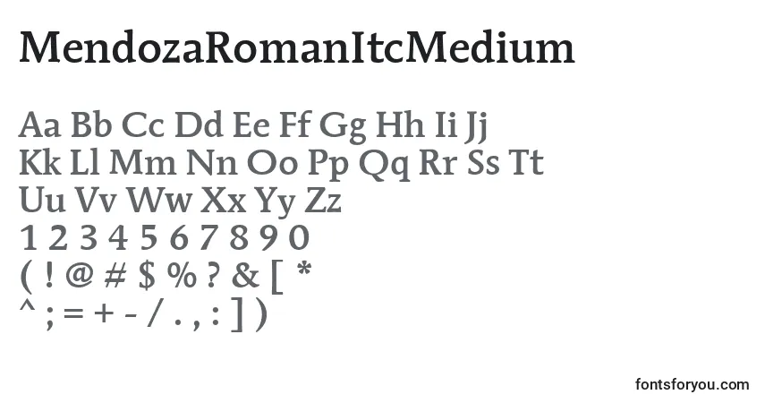 Czcionka MendozaRomanItcMedium – alfabet, cyfry, specjalne znaki