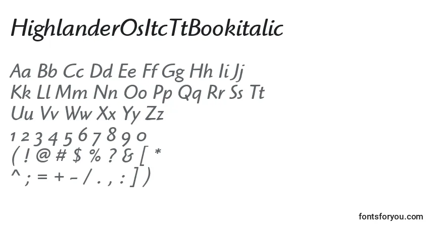 Шрифт HighlanderOsItcTtBookitalic – алфавит, цифры, специальные символы