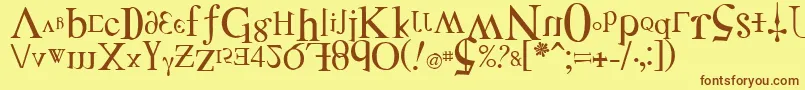 フォントDistf – 茶色の文字が黄色の背景にあります。