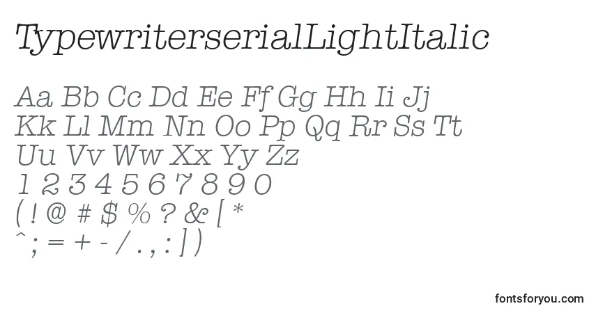 Шрифт TypewriterserialLightItalic – алфавит, цифры, специальные символы