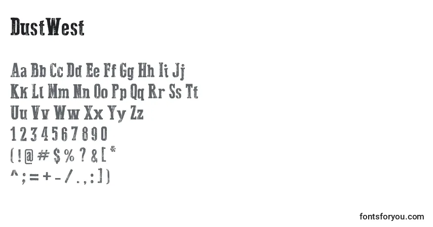 Schriftart DustWest (90656) – Alphabet, Zahlen, spezielle Symbole