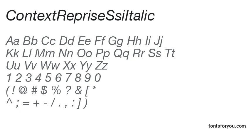 A fonte ContextRepriseSsiItalic – alfabeto, números, caracteres especiais