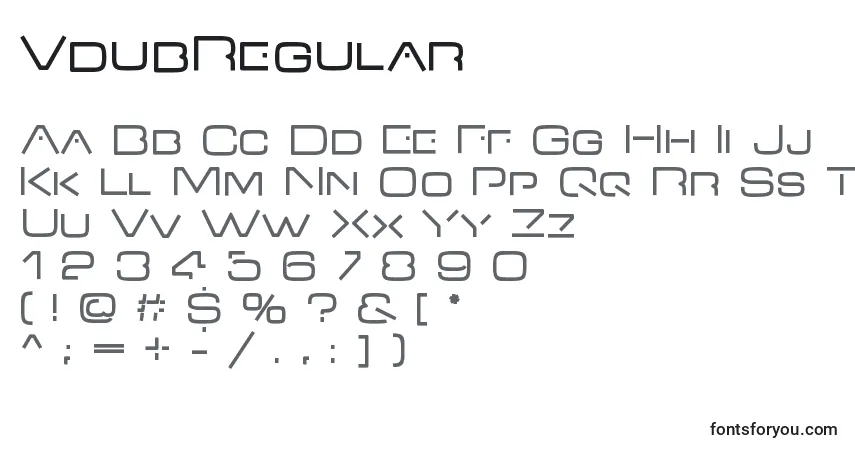Czcionka VdubRegular – alfabet, cyfry, specjalne znaki
