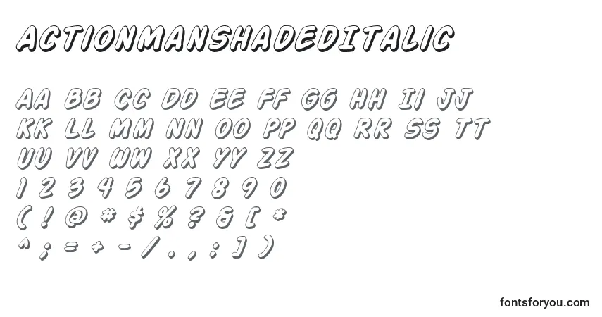 Czcionka ActionManShadedItalic – alfabet, cyfry, specjalne znaki