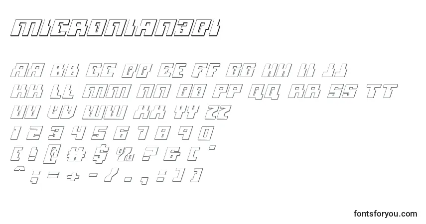 A fonte Micronian3Di – alfabeto, números, caracteres especiais