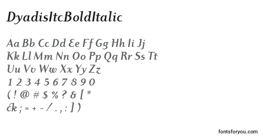 Fuente DyadisItcBoldItalic - alfabeto, números, caracteres especiales
