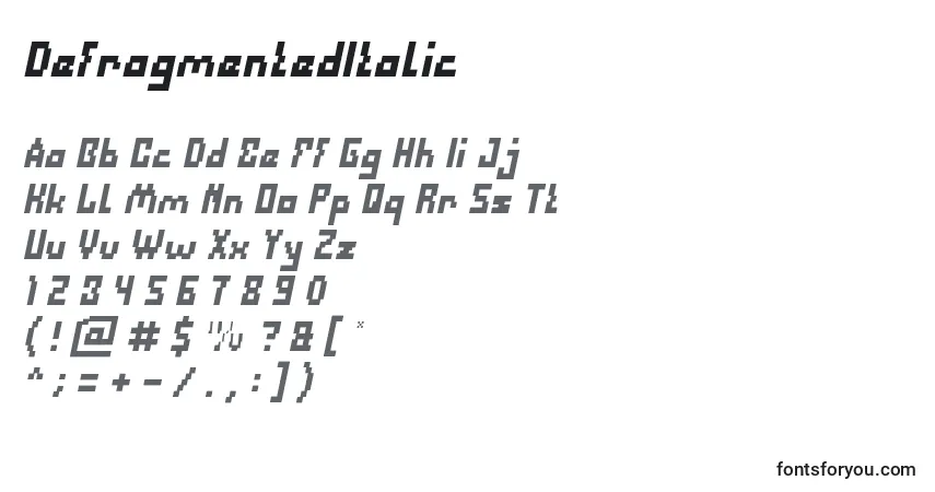 A fonte DefragmentedItalic – alfabeto, números, caracteres especiais