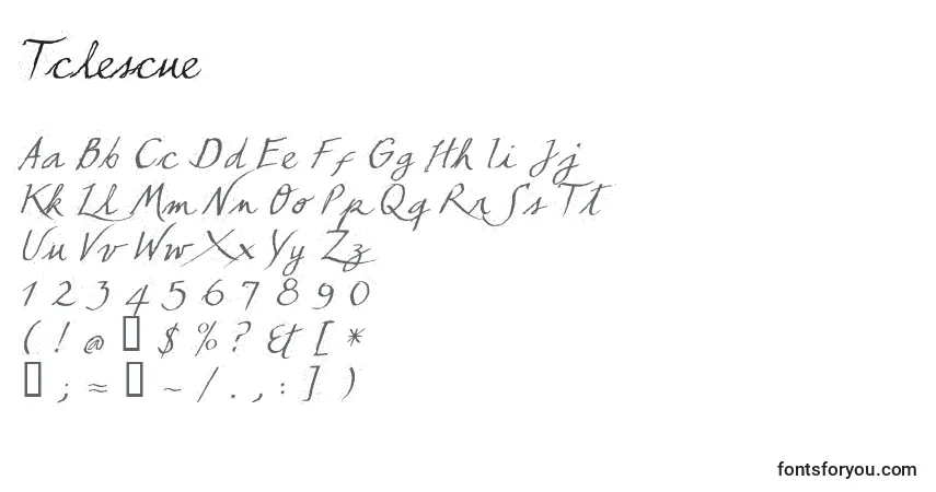 Czcionka Tclescue – alfabet, cyfry, specjalne znaki
