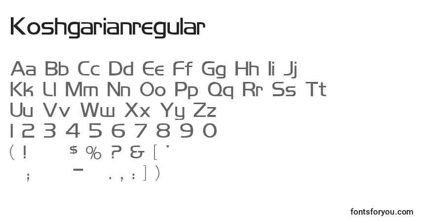 Шрифт Koshgarianregular – алфавит, цифры, специальные символы