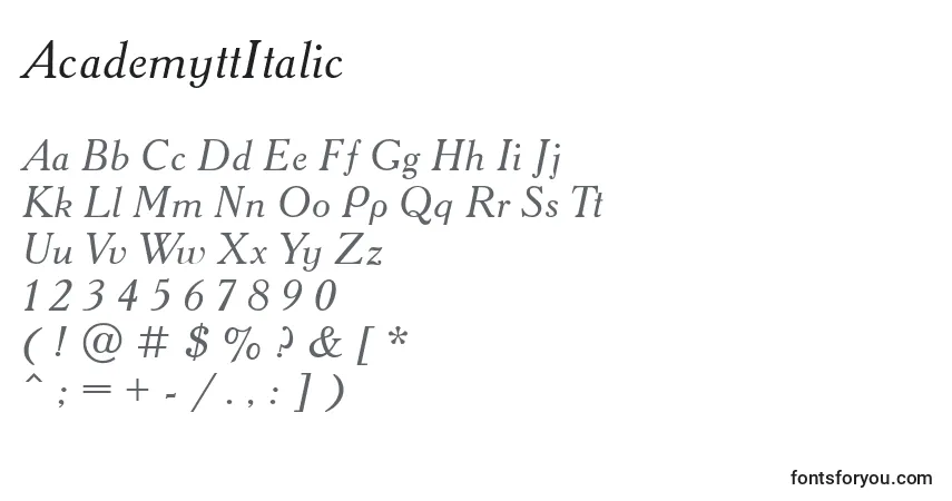 Schriftart AcademyttItalic – Alphabet, Zahlen, spezielle Symbole
