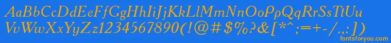 フォントAcademyttItalic – オレンジ色の文字が青い背景にあります。