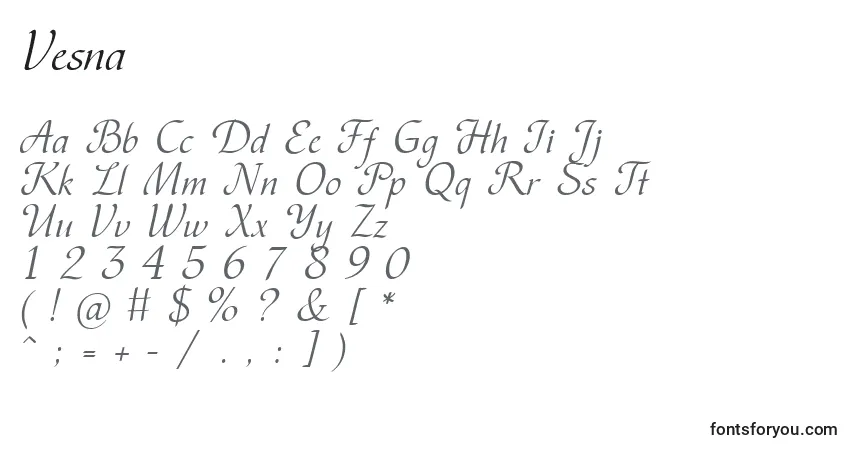 A fonte Vesna – alfabeto, números, caracteres especiais