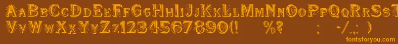 フォントWoodenShipDecorated – オレンジ色の文字が茶色の背景にあります。
