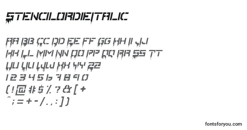 A fonte StencilordieItalic – alfabeto, números, caracteres especiais