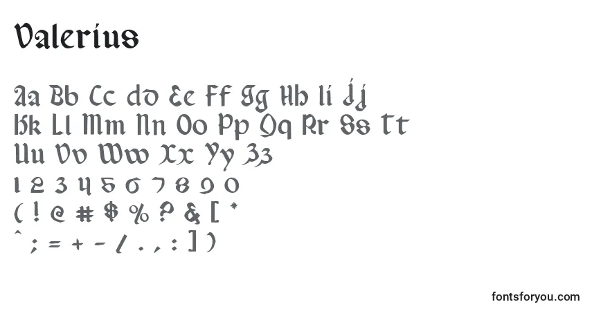 A fonte Valerius – alfabeto, números, caracteres especiais
