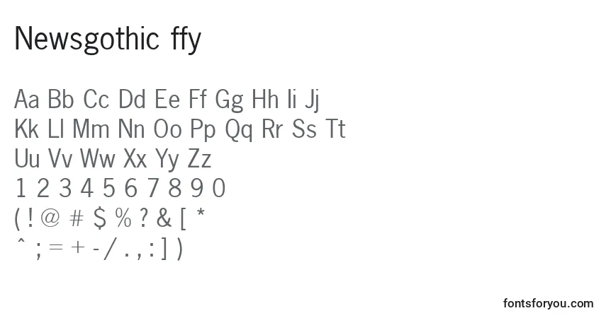Czcionka Newsgothic ffy – alfabet, cyfry, specjalne znaki