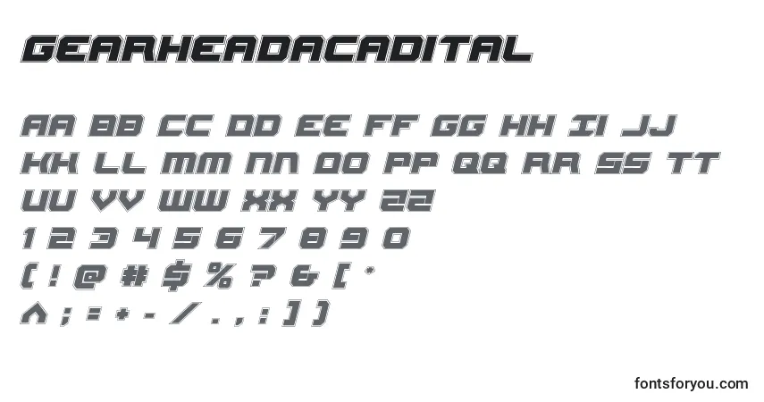Schriftart Gearheadacadital – Alphabet, Zahlen, spezielle Symbole