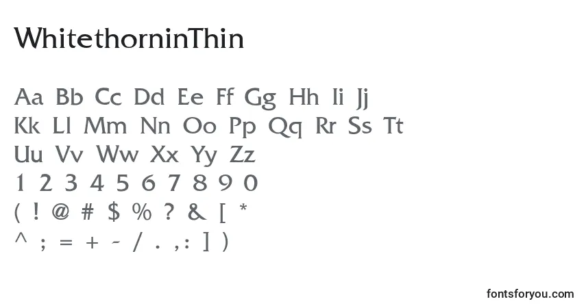 Czcionka WhitethorninThin – alfabet, cyfry, specjalne znaki