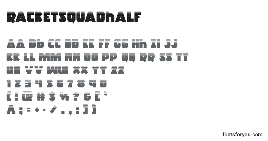 Schriftart Racketsquadhalf – Alphabet, Zahlen, spezielle Symbole