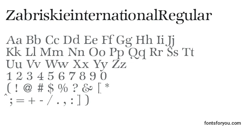 A fonte ZabriskieinternationalRegular – alfabeto, números, caracteres especiais