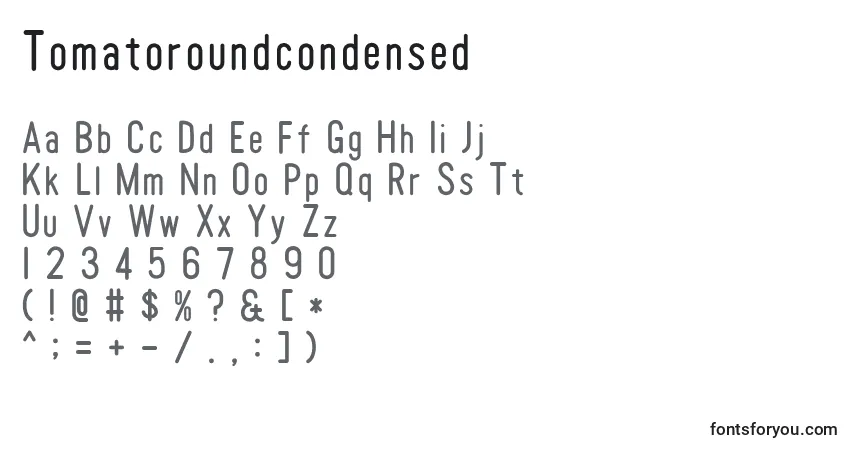 A fonte Tomatoroundcondensed – alfabeto, números, caracteres especiais