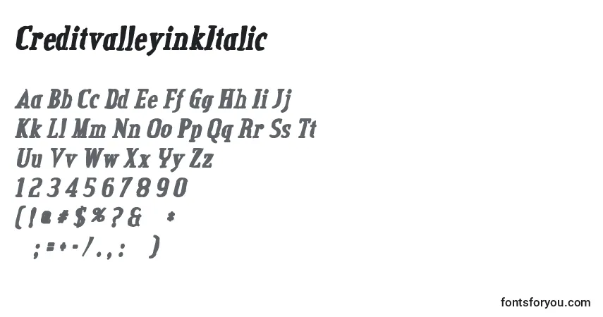 A fonte CreditvalleyinkItalic – alfabeto, números, caracteres especiais