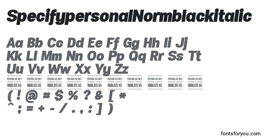A fonte SpecifypersonalNormblackitalic – alfabeto, números, caracteres especiais
