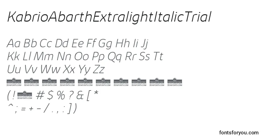 Шрифт KabrioAbarthExtralightItalicTrial – алфавит, цифры, специальные символы
