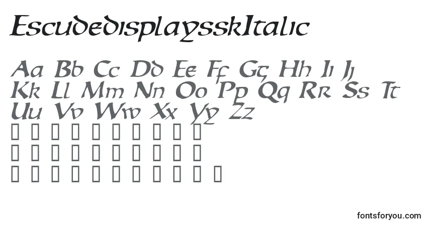 A fonte EscudedisplaysskItalic – alfabeto, números, caracteres especiais