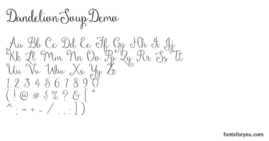 A fonte DandelionSoupDemo – alfabeto, números, caracteres especiais