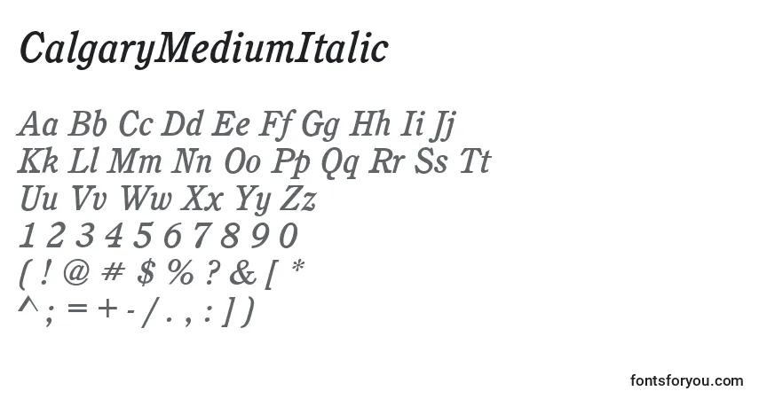 A fonte CalgaryMediumItalic – alfabeto, números, caracteres especiais