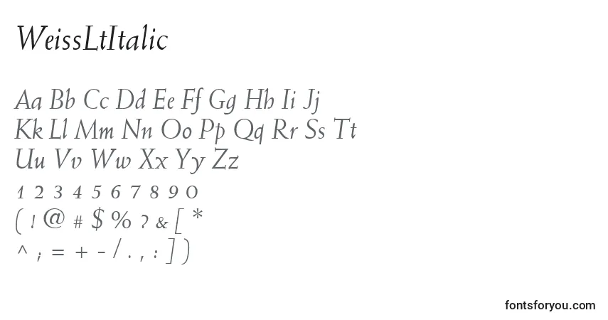Czcionka WeissLtItalic – alfabet, cyfry, specjalne znaki