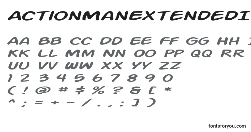 Schriftart ActionManExtendedItalic – Alphabet, Zahlen, spezielle Symbole