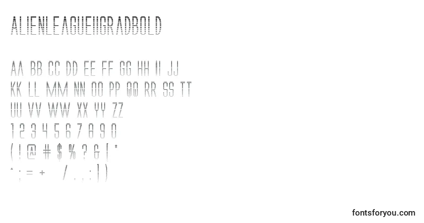 Шрифт Alienleagueiigradbold – алфавит, цифры, специальные символы