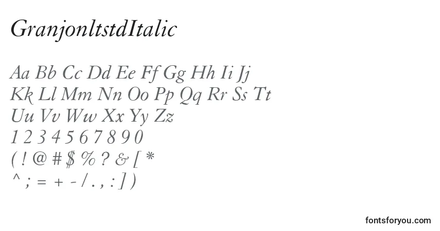 Czcionka GranjonltstdItalic – alfabet, cyfry, specjalne znaki