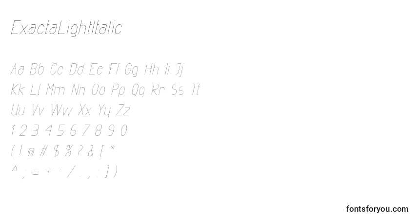 Schriftart ExactaLightItalic (90980) – Alphabet, Zahlen, spezielle Symbole
