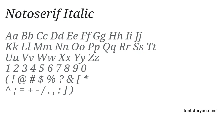Czcionka Notoserif Italic – alfabet, cyfry, specjalne znaki