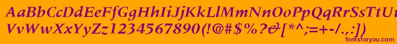 MeridienLtBoldItalic-fontti – violetit fontit oranssilla taustalla